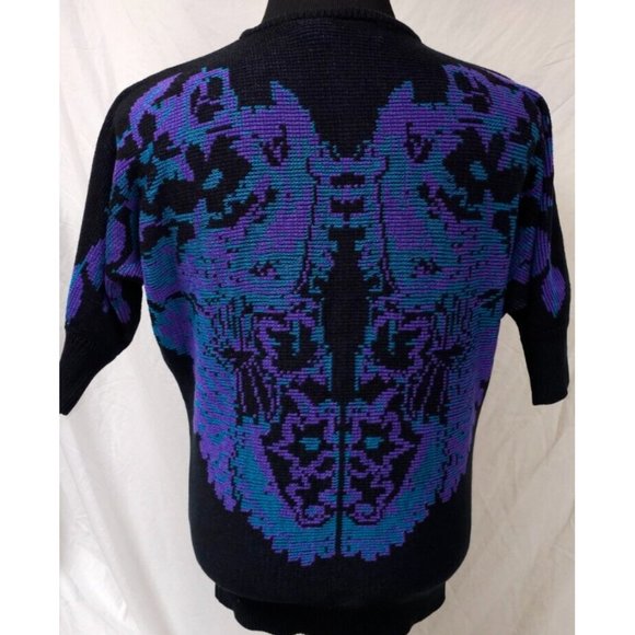 Leslie Fay Medium Black Purple Floral Aztec Tapered Body 3/4 Sleeves Sweater - Picture 6 of 14